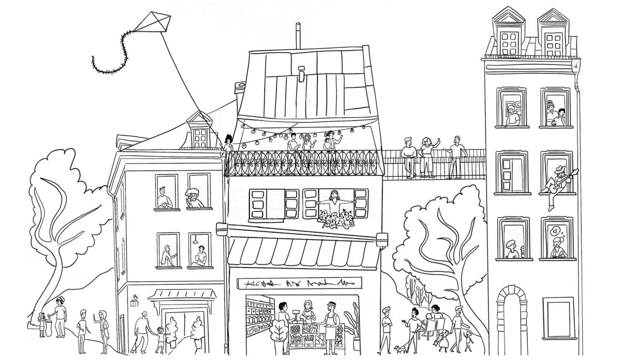 An illustration in black ink by Ester Ortega showing a vibrant neighbourhood filled of community buildings, people and nature.