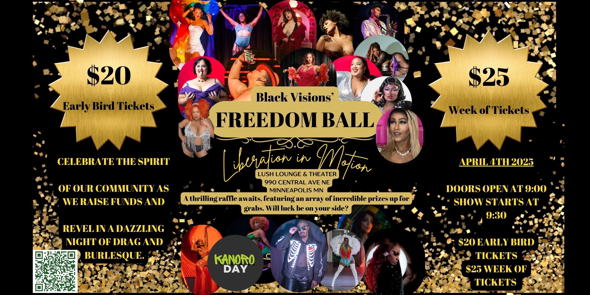 a promotional image for the event shows pictures of the performers and the event information on a black and gold background