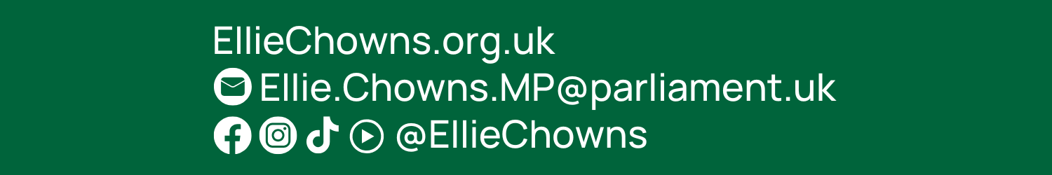 Email footer with details of contact information and social media handles for Ellie Chowns