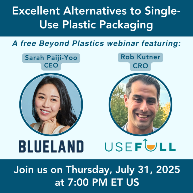 poster for Beyond Plastics' webinar on alternatives to single-use plastic packaging