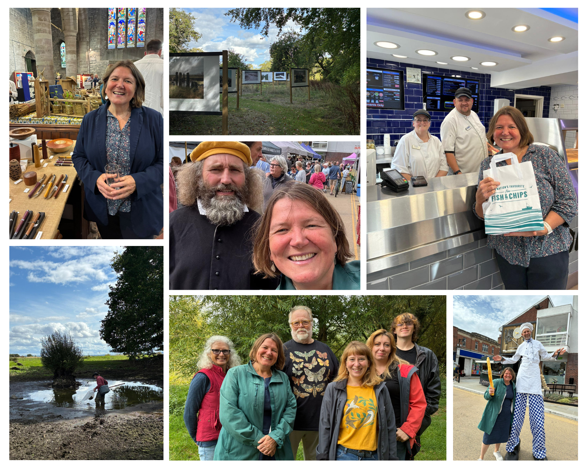 Collage of photos showing Fiddlers Elbow fish and chip shop; Leominster Food Fayre; Herefordshire Wildlife Trust Moth Survey; Ice Age Pond visit with Herefordshire Pond Group; H Art preview in Leintwardine; Sidney Nolan Trust; with the Leominster Fish Taster.