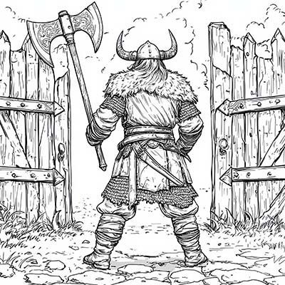 Drawing of a barbarian standing before a gate