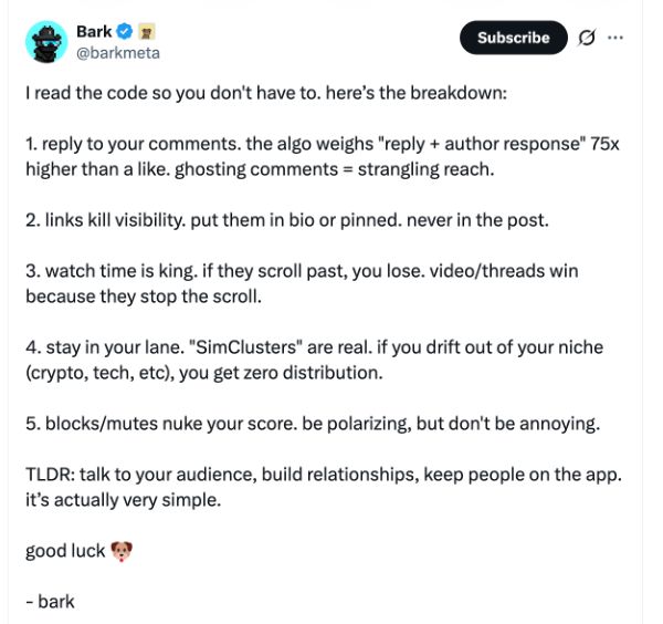 A tweet by Bark explains factors affecting visibility on X, including reply weights, link placement, content type, relevance, and effects of blocks and mutes. 