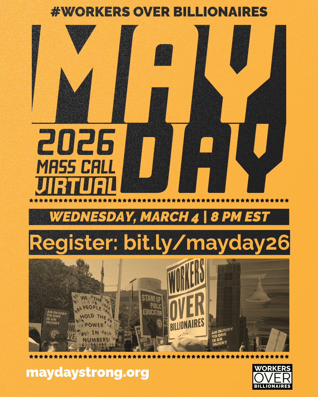 A poster with yellow-orange background and black lettering says 