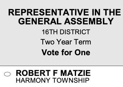 ballot slot for Representative in the General Assembly 16th District with a blank oval next to Rob Matzie