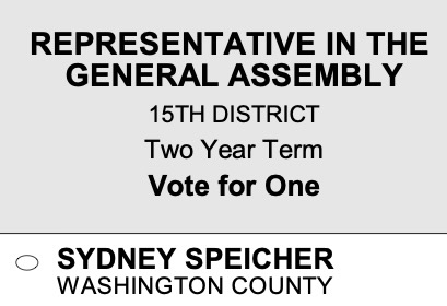 ballot slot for Representative in the General Assembly 15th District with a blank oval next to Sydney Speicher