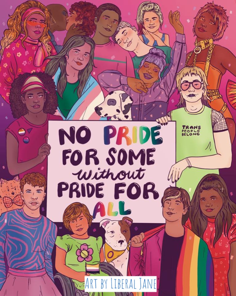 Hình minh họa kỹ thuật số về một nhóm lớn người thuộc cộng đồng LGBTQ+. Có những người ở mọi lứa tuổi, vóc dáng và giới tính khác nhau tụ tập xung quanh một tấm biển có dòng chữ "Không có niềm tự hào cho một số người nếu không có niềm tự hào cho tất cả mọi người".‘