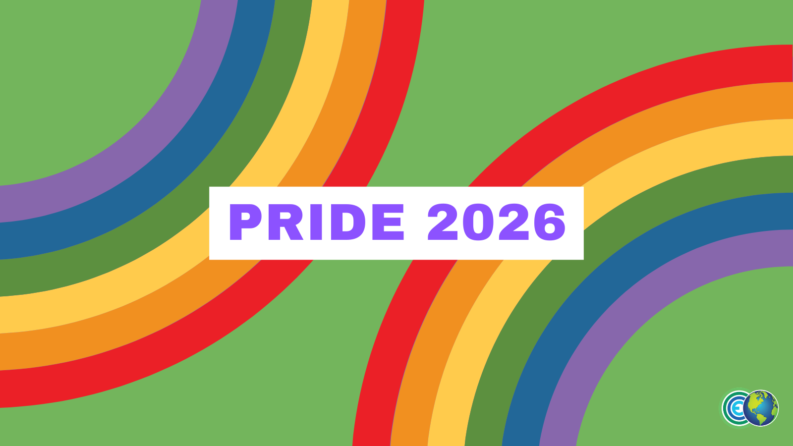 Graphic with green background and two rainbows celebrating pride month.