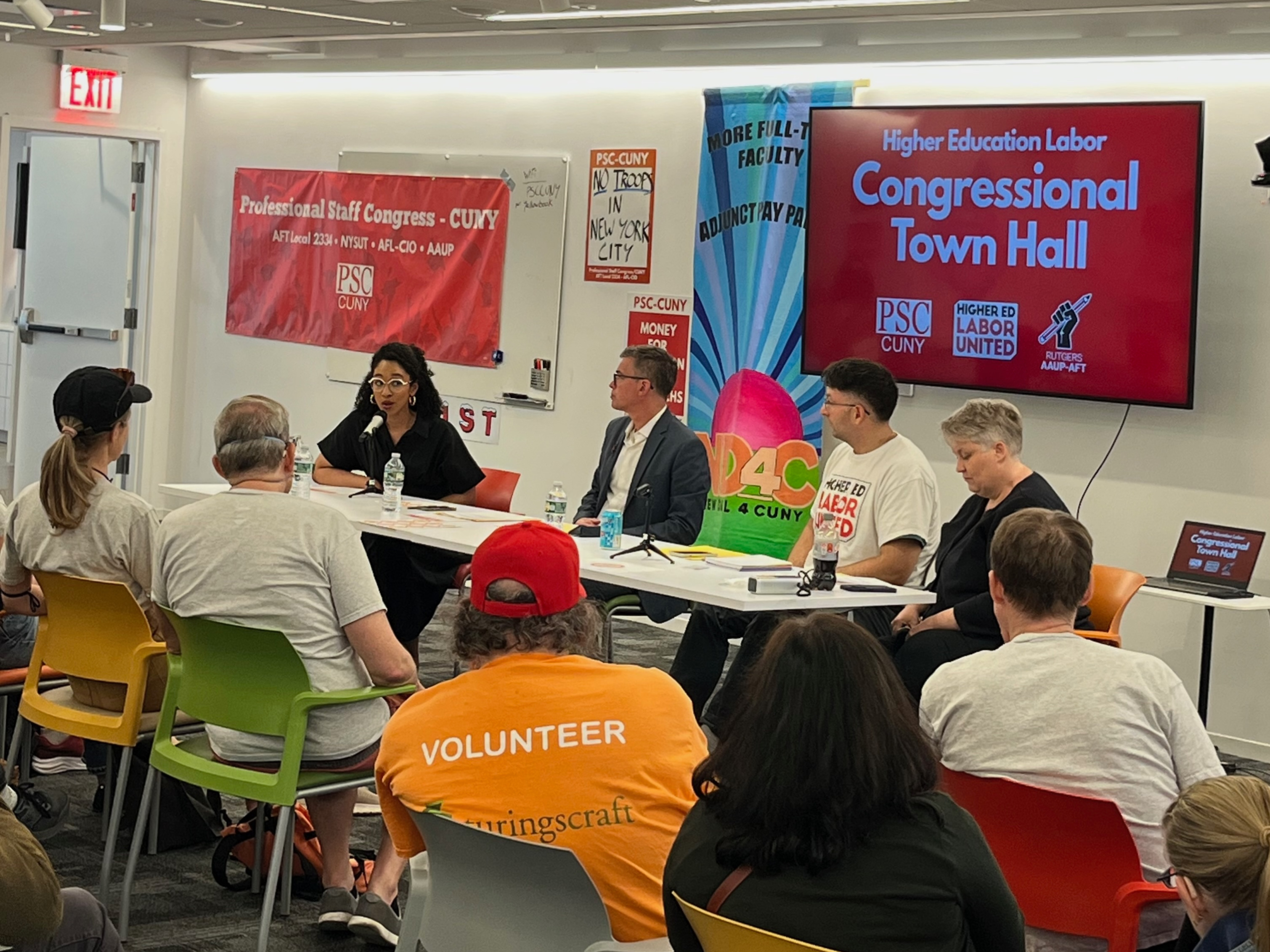 Image of panelists at the higher education labor congressional town hall