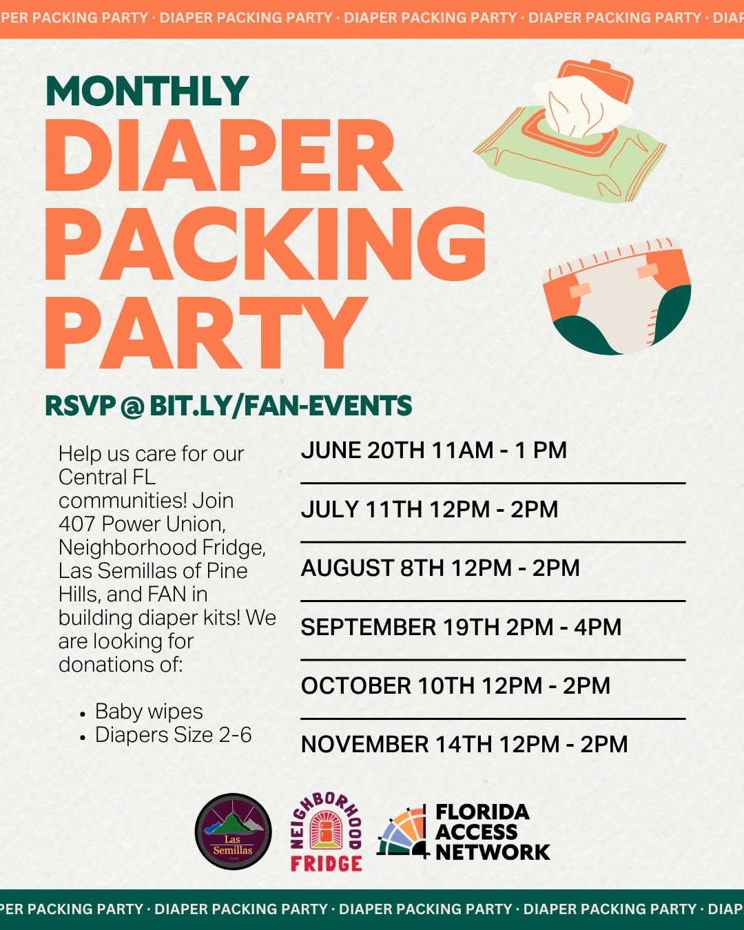 Diaper Packing Party w/Florida Access Network Saturday, August 8th, 12:00pm – 2:00pm Quakers of Orlando, 316 E Marks St, Orlando, FL 32803