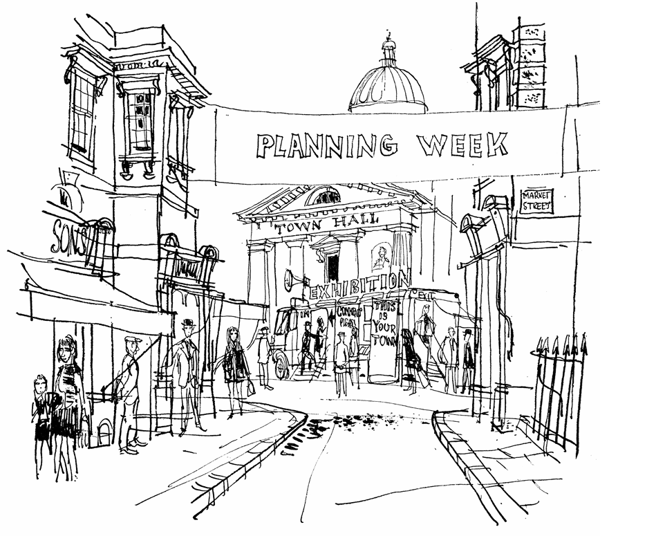 An illustration in black ink by Ester Ortega showing a vibrant neighbourhood filled of community buildings, people and nature.